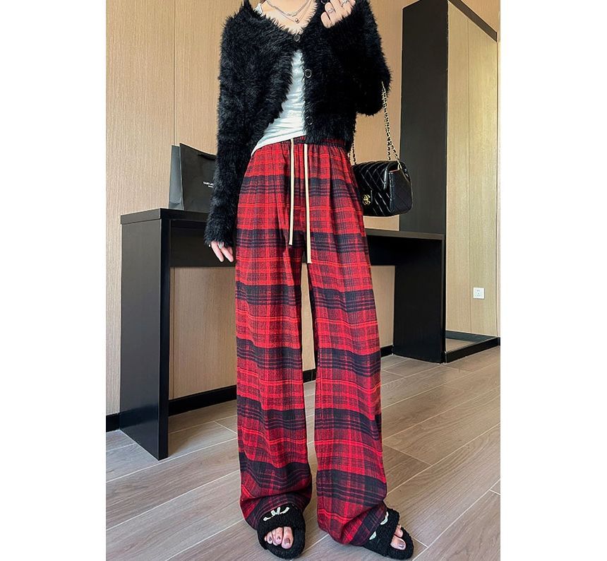 Plaid High Rise Wide Leg Drawstring Sweatpants