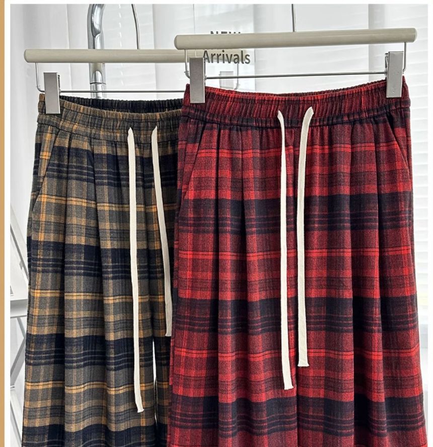 Plaid High Rise Wide Leg Drawstring Sweatpants