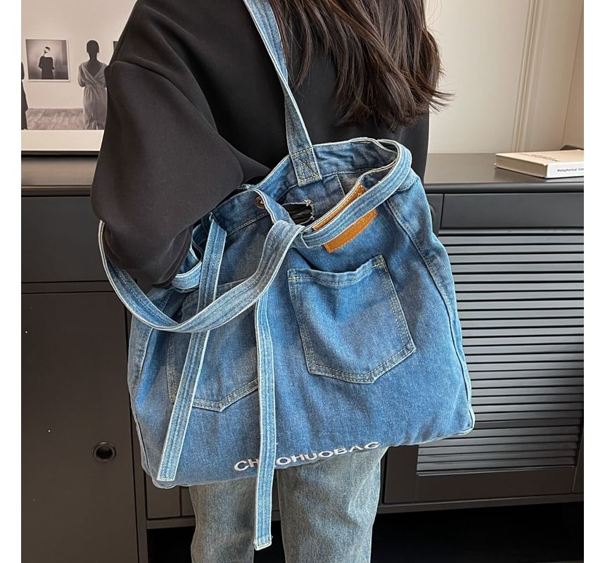 Lettering Washed Denim Tote Bag