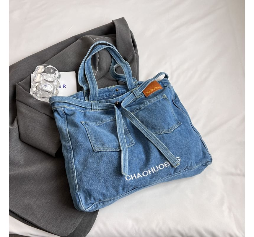 Lettering Washed Denim Tote Bag