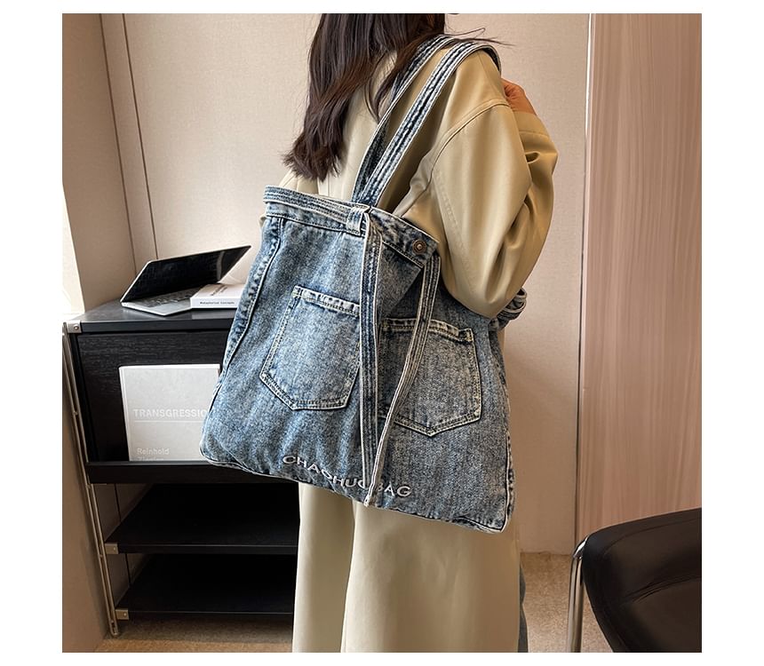 Lettering Washed Denim Tote Bag