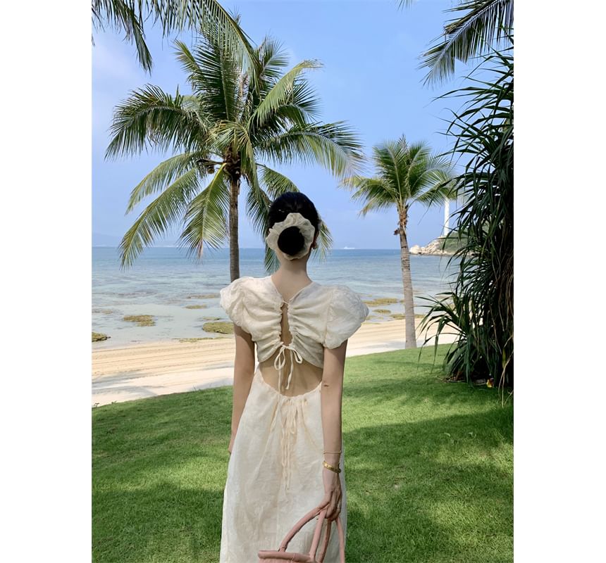 Puff-Sleeve Plain Drawstring Floral Print Open Back Midi Sundress