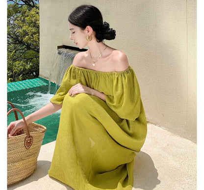 Off-Shoulder Plain Shirred Midi Sundress