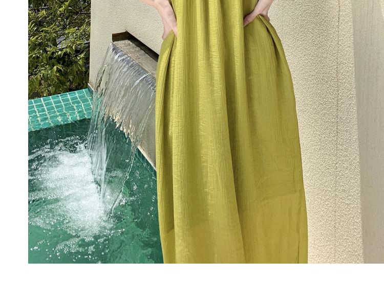 Off-Shoulder Plain Shirred Midi Sundress