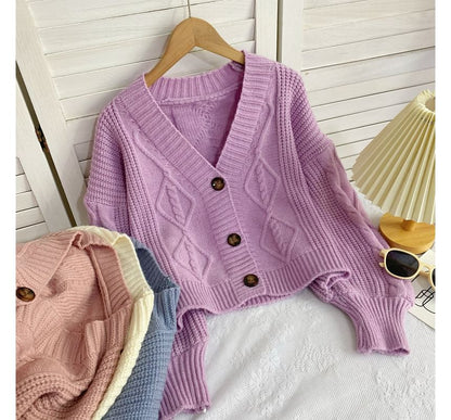 V-Neck Plain Button-Up Cable Knit Cardigan