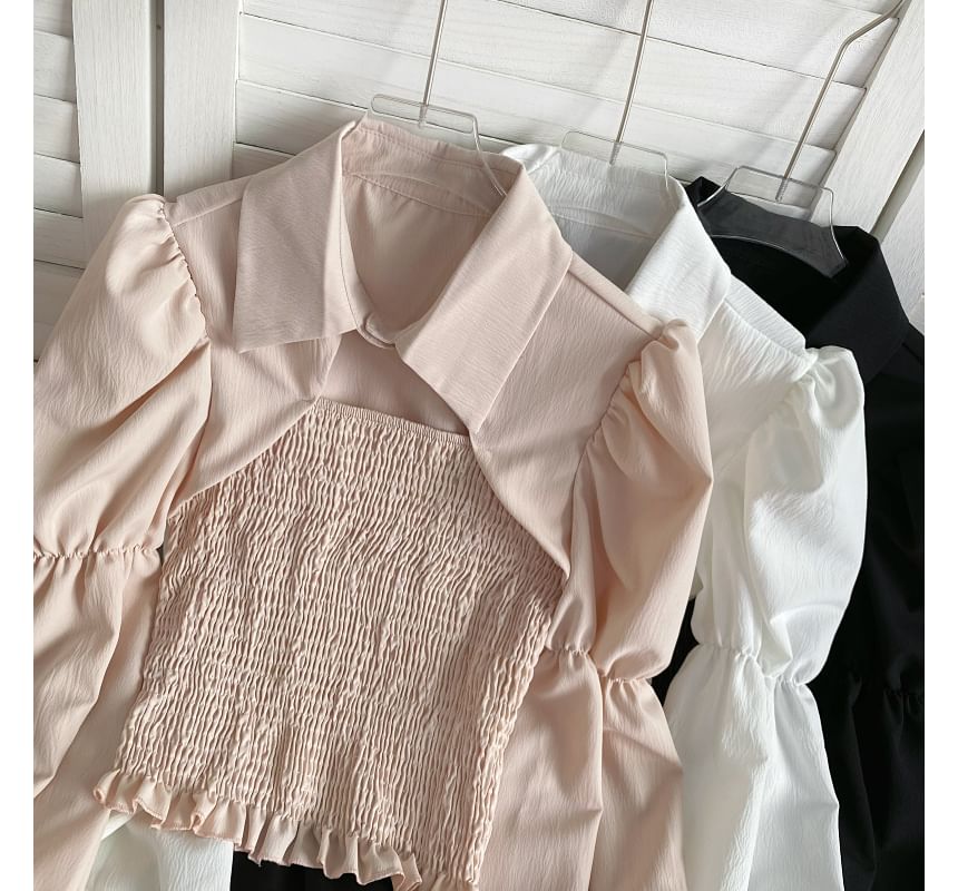 Puff-Sleeve Plain Smocked Shirred Blouse