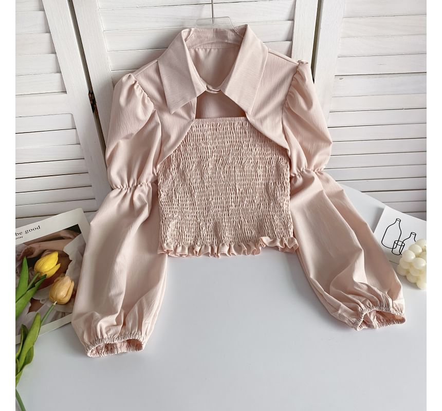 Puff-Sleeve Plain Smocked Shirred Blouse