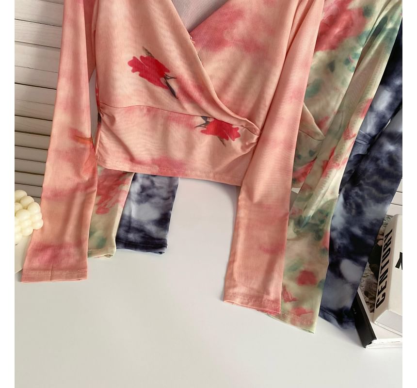 Long-Sleeve V-Neck Floral Print Wrap Mesh Top