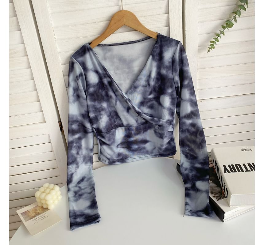 Long-Sleeve V-Neck Floral Print Wrap Mesh Top