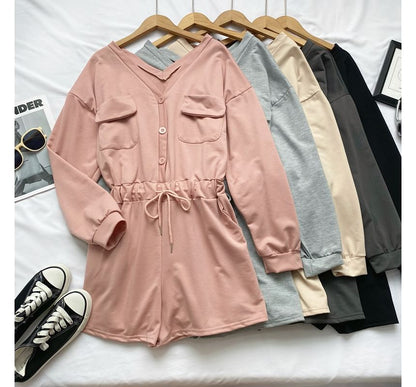 Long-Sleeve V-Neck Plain Button-Up Drawstring Romper