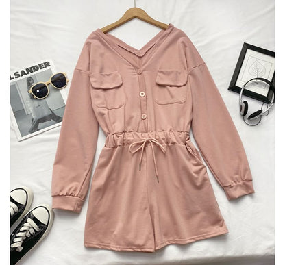 Long-Sleeve V-Neck Plain Button-Up Drawstring Romper