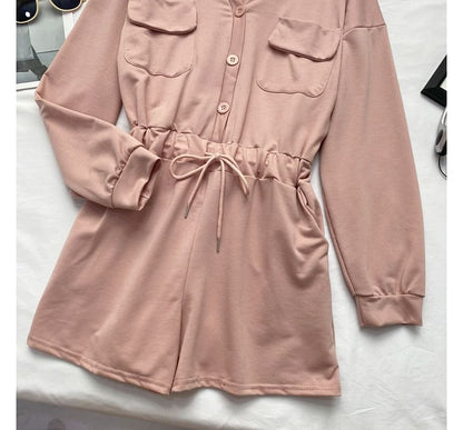 Long-Sleeve V-Neck Plain Button-Up Drawstring Romper