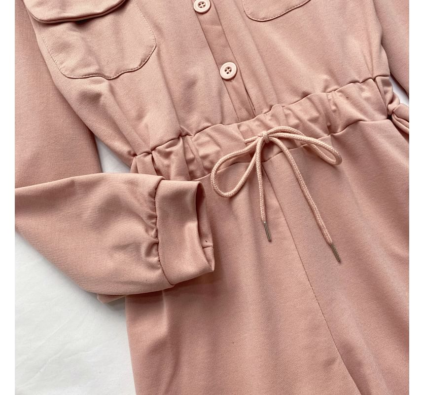 Long-Sleeve V-Neck Plain Button-Up Drawstring Romper