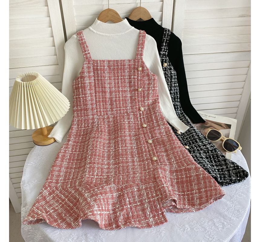 Set: Long-Sleeve High Neck Plain Ribbed Knit Top + Tweed Plaid Mini Dungaree Dress