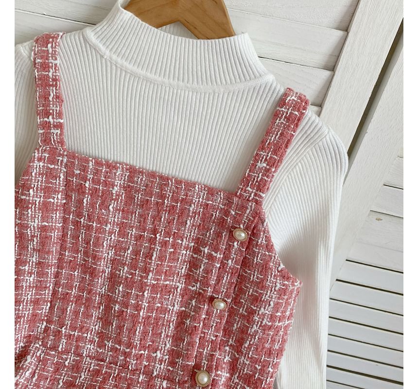 Set: Long-Sleeve High Neck Plain Ribbed Knit Top + Tweed Plaid Mini Dungaree Dress