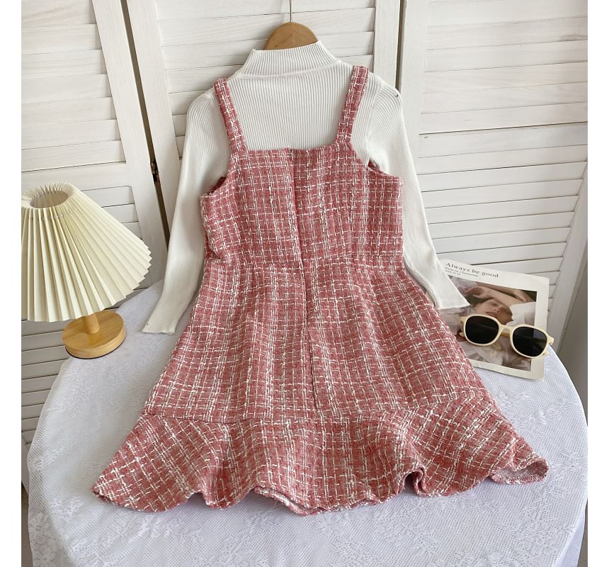 Set: Long-Sleeve High Neck Plain Ribbed Knit Top + Tweed Plaid Mini Dungaree Dress