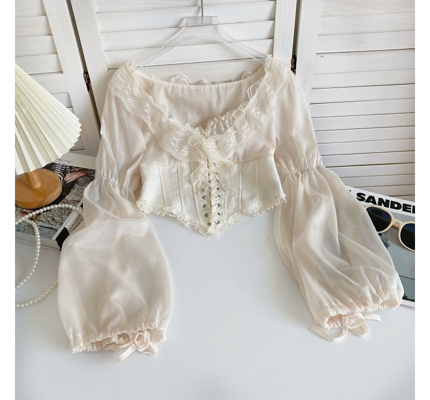 Puff-Sleeve Scoop Neck Lace Ruffle Lace-Up Crop Blouse