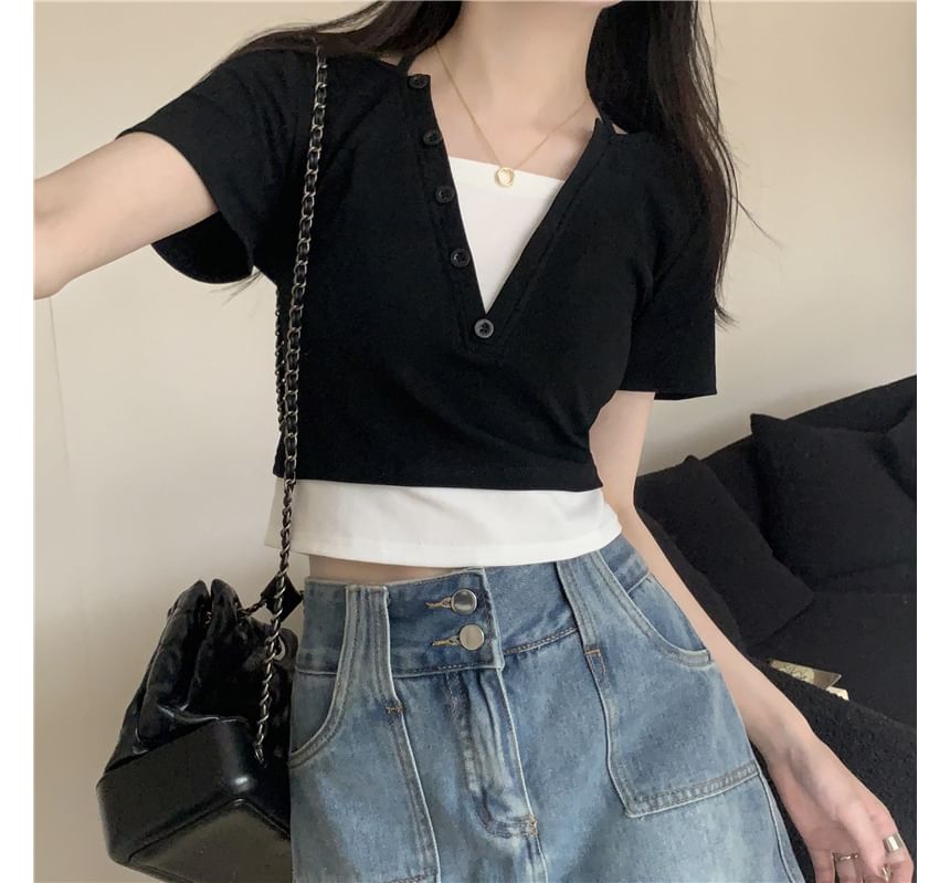 Two-Piece Mock Halter Top Short-Sleeve