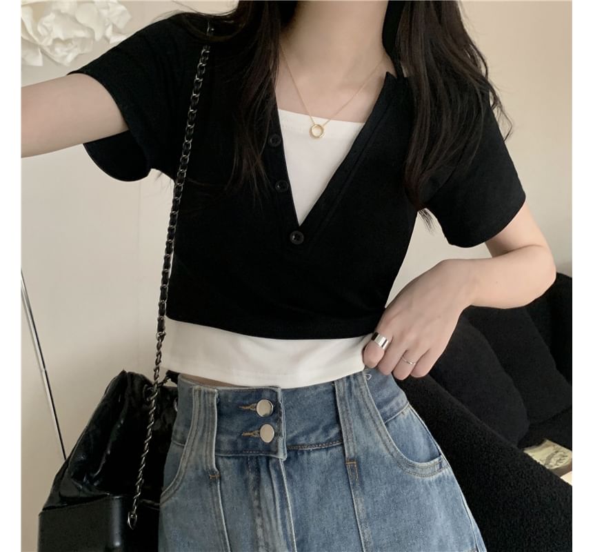 Two-Piece Mock Halter Top Short-Sleeve