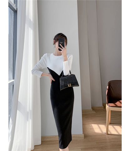 Long-Sleeve Crew Neck Two Tone Knit Midi Sheath Dress