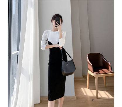 Long-Sleeve Crew Neck Two Tone Knit Midi Sheath Dress