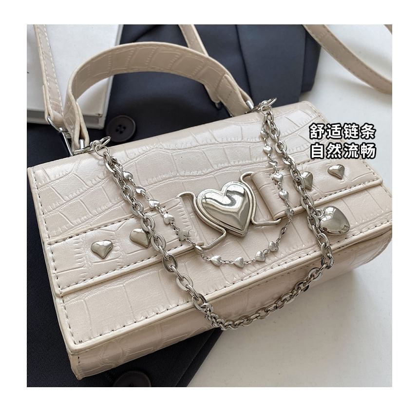 Heart Grain Crossbody Buckled Croc Bag Flap