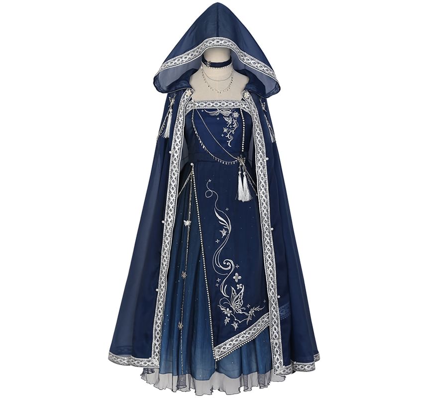 Lolita Spaghetti Strap Embroidered Hanfu Midi A-Line Dress / Light Cape / Set