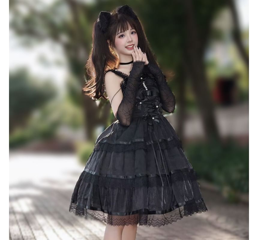 Lolita Spaghetti Strap V-Neck Ruffle Trim  Tiered A-Line Dress / Gloves / Set