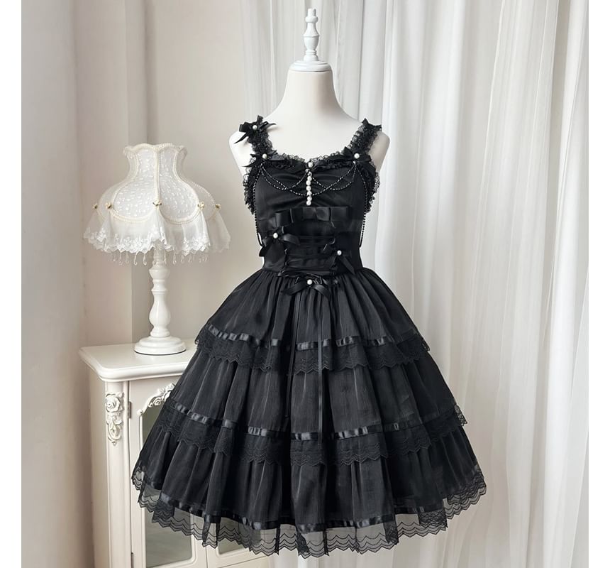 Lolita Spaghetti Strap V-Neck Ruffle Trim  Tiered A-Line Dress / Gloves / Set