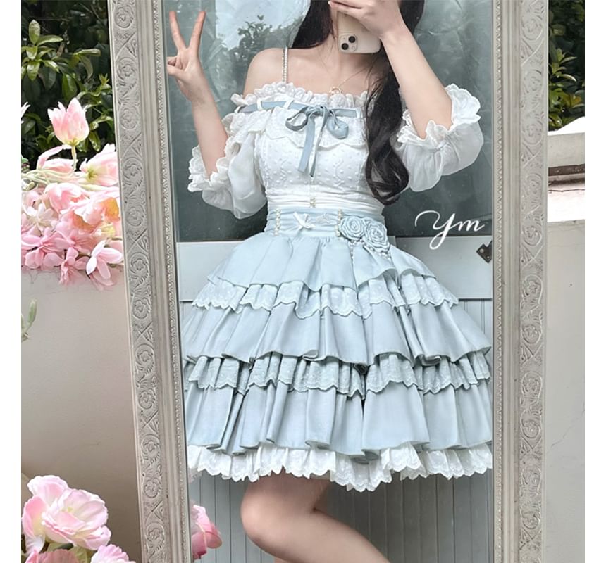 Lolita Short-Sleeve Cold Shoulder Bow Top / Mid Waist Mini Tiered Skirt / Set