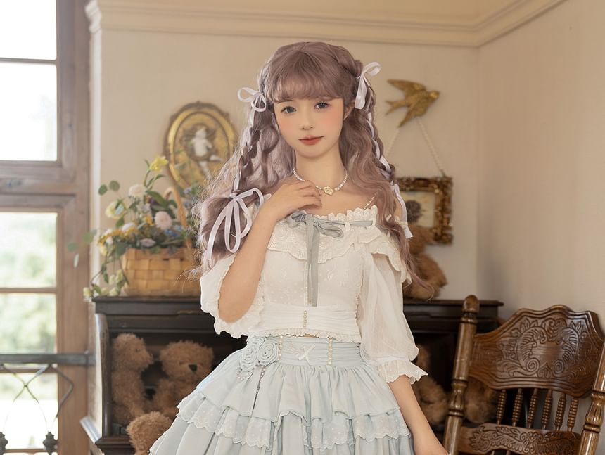 Lolita Short-Sleeve Cold Shoulder Bow Top / Mid Waist Mini Tiered Skirt / Set