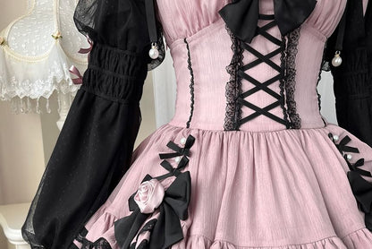 Lolita Long-Sleeve Square Neck Lace Trim Mini A-Line Dress / Crinoline / Set