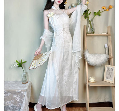 Short-Sleeve Sheer Panel Maxi Sheath  Lolita Dress  / Light Jacket / Set