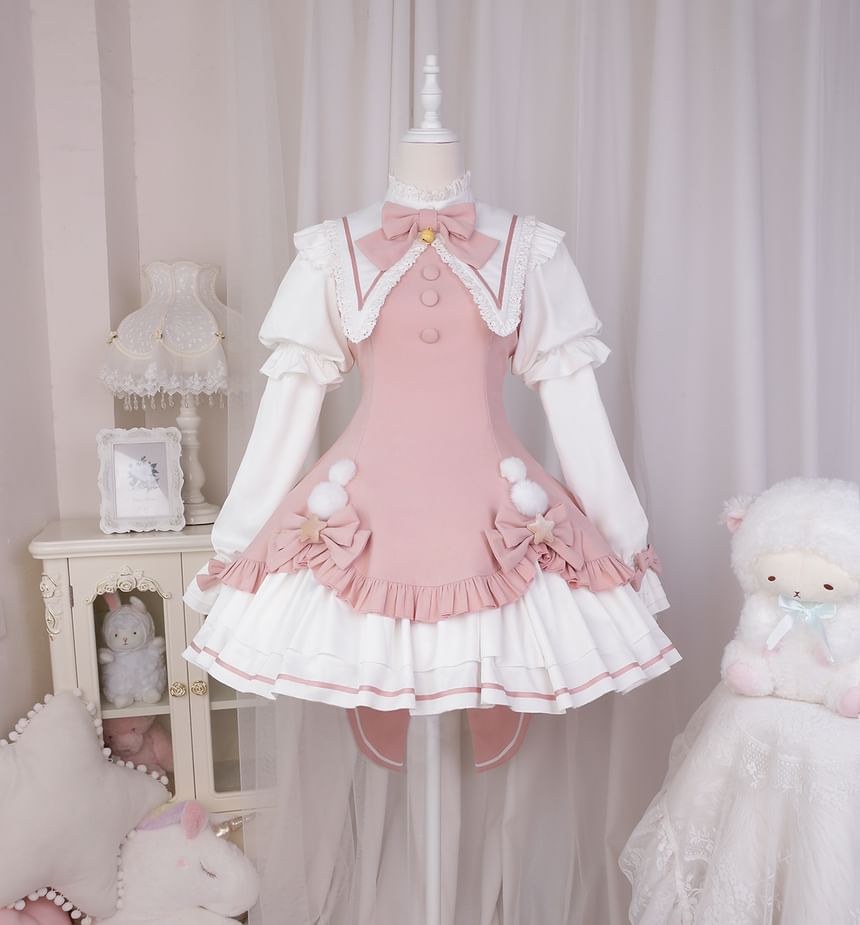 Lolita Long-Sleeve Collared Bow Lace Trim Mini A-Line Dress / Crinoline / Set