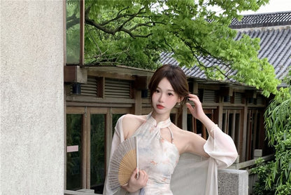 Halter Neck Floral Midi Qipao / Long Light Jacket / Set