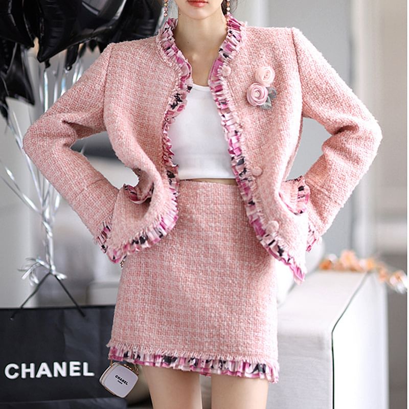 Set: Tweed Plaid Floral Printed Ruffle Trim Jacket + High Waist Mini A-Line Skirt