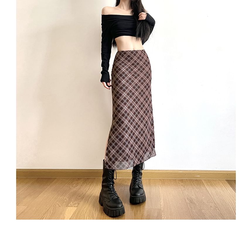 Skirt A-Line Waist Plaid Mid Midi