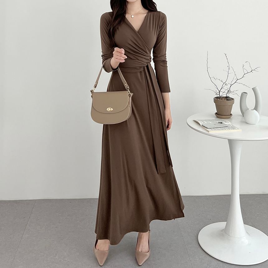 Long-Sleeve V-Neck Plain Wrap Tie-Front Slit Midi A-Line Dress