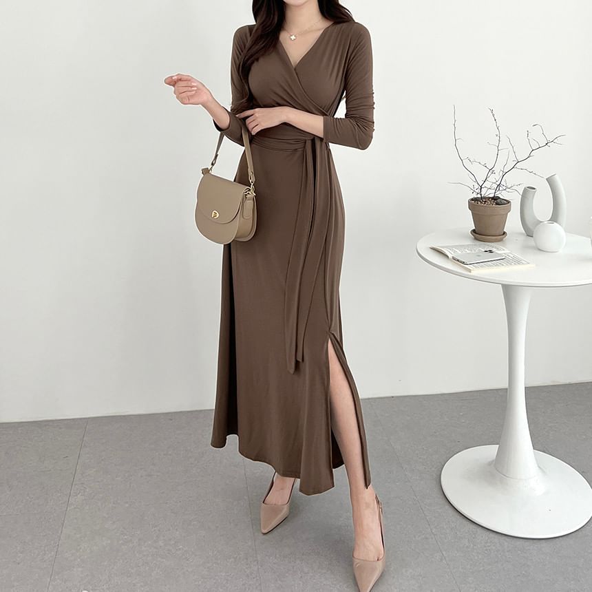 Long-Sleeve V-Neck Plain Wrap Tie-Front Slit Midi A-Line Dress