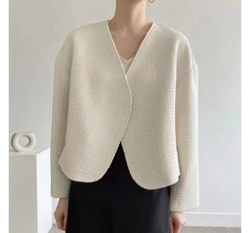 V-Neck Tweed Open Front Jacket