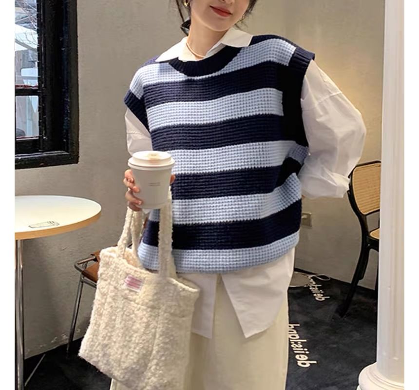 Striped Sleeveless Vest Round Neck Knit