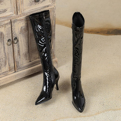 Stiletto Pointed Toe Plain Faux Leather Tall Boots