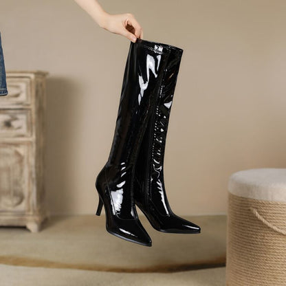 Stiletto Pointed Toe Plain Faux Leather Tall Boots