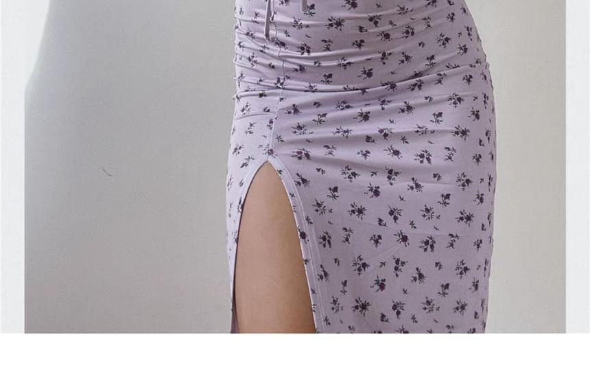 Bodycon Neck Scoop Dress Ruched Floral Midi Strap Print Spaghetti