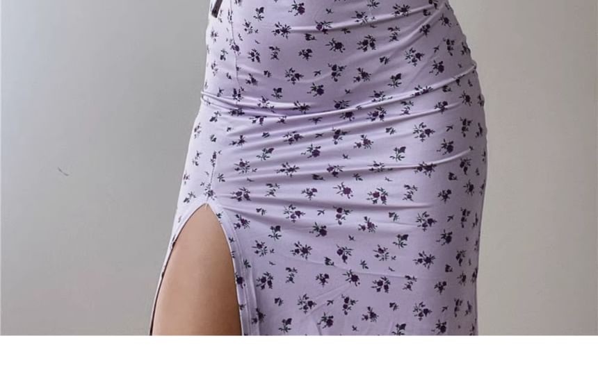 Neck Floral Bodycon Strap Scoop Midi Dress Ruched Spaghetti Print