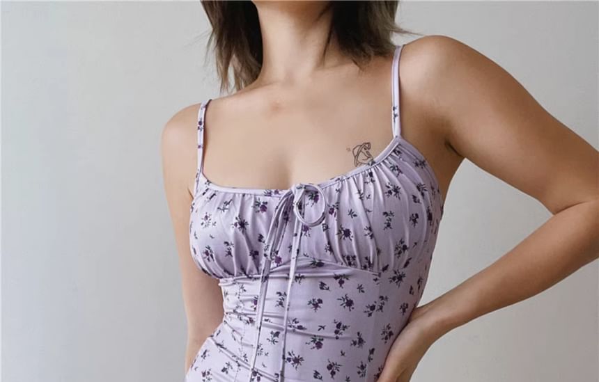 Neck Floral Bodycon Strap Scoop Midi Dress Ruched Spaghetti Print