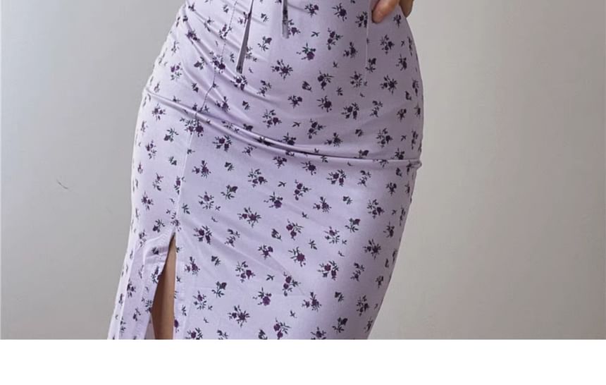 Neck Floral Bodycon Strap Scoop Midi Dress Ruched Spaghetti Print