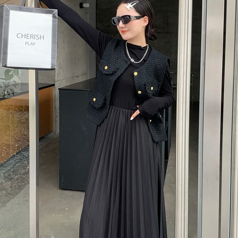 Long-Sleeve Mock Neck Plain Accordion Pleated Midi A-Line Dress / Round Neck Fray Tweed Button Vest