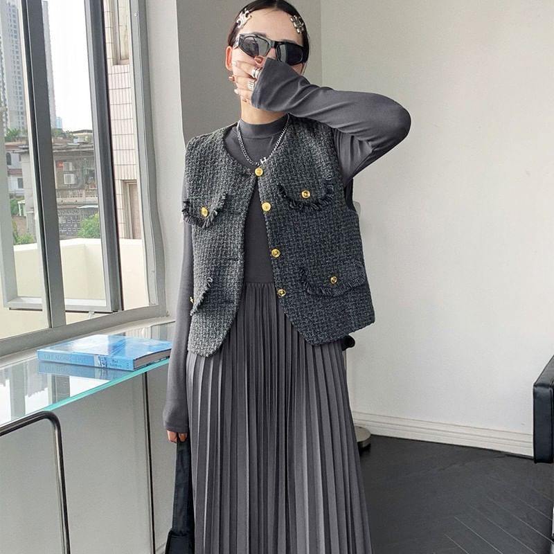Long-Sleeve Mock Neck Plain Accordion Pleated Midi A-Line Dress / Round Neck Fray Tweed Button Vest