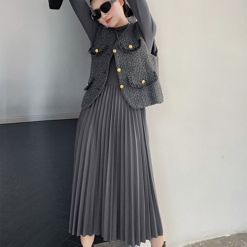 Long-Sleeve Mock Neck Plain Accordion Pleated Midi A-Line Dress / Round Neck Fray Tweed Button Vest
